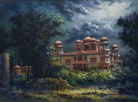 Hanif Shahzad, Mohatta Palace Moon Light-I, 35 x 46 Inch, Oil on Canvas, Cityscape Painting, AC-HNS-041